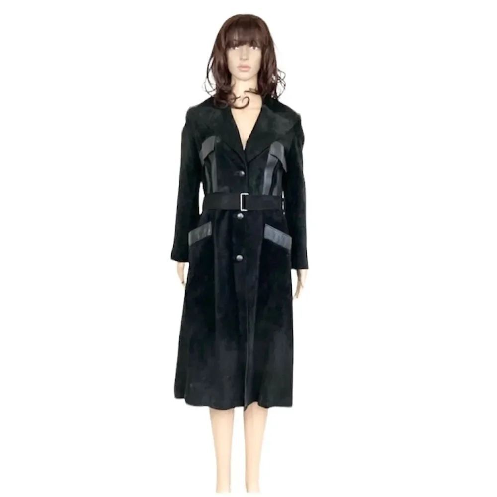 Vintage Danaya Black Suede Leather Mid-Length Belted Trench Coat Size XS